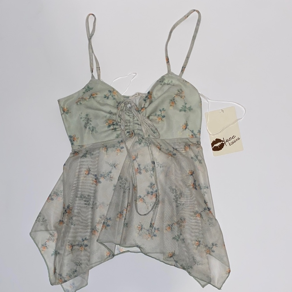 Free Kisses Light Sage Floral Lace-Up Handkerchief Hem Tank